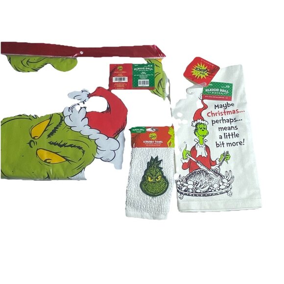Grinch Tablecloth 84”x 60” Towel Scrubby 10”x 10”Kitchen Towel 19” X 25” Set - Picture 1 of 12